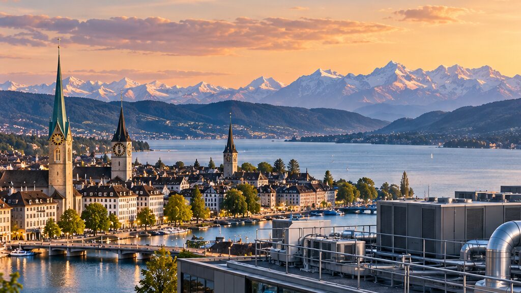 Blick auf Zürich mit einem modernen Rechenzentrum im Vordergrund
